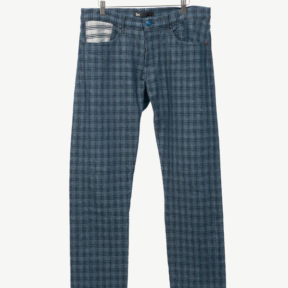 3x1 Blue Plaid Slim 5-Pocket Jeans